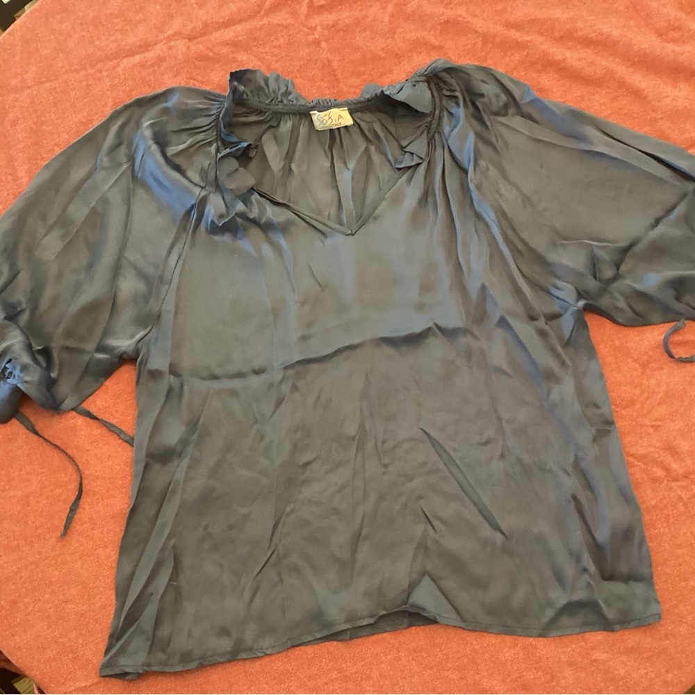 Gray Ruffled 3/4 Sleeve Blouse with Sailor Collar